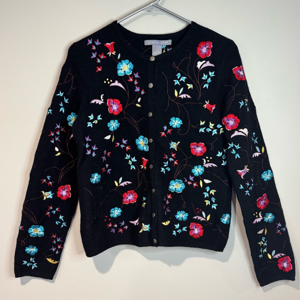 Carroll Reed Vintage Black Multicolor Floral Embroidered Wool Cardigan Folk S